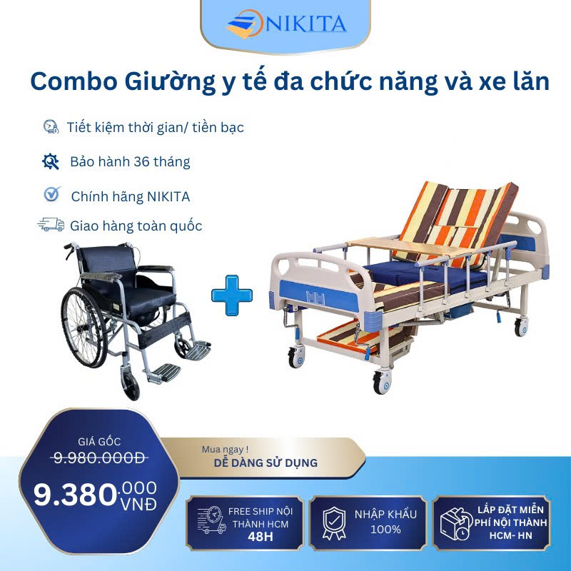 Combo Giường Y Tế DCN05 Và Xe Lăn Có Bô Vệ Sinh 213-3+D