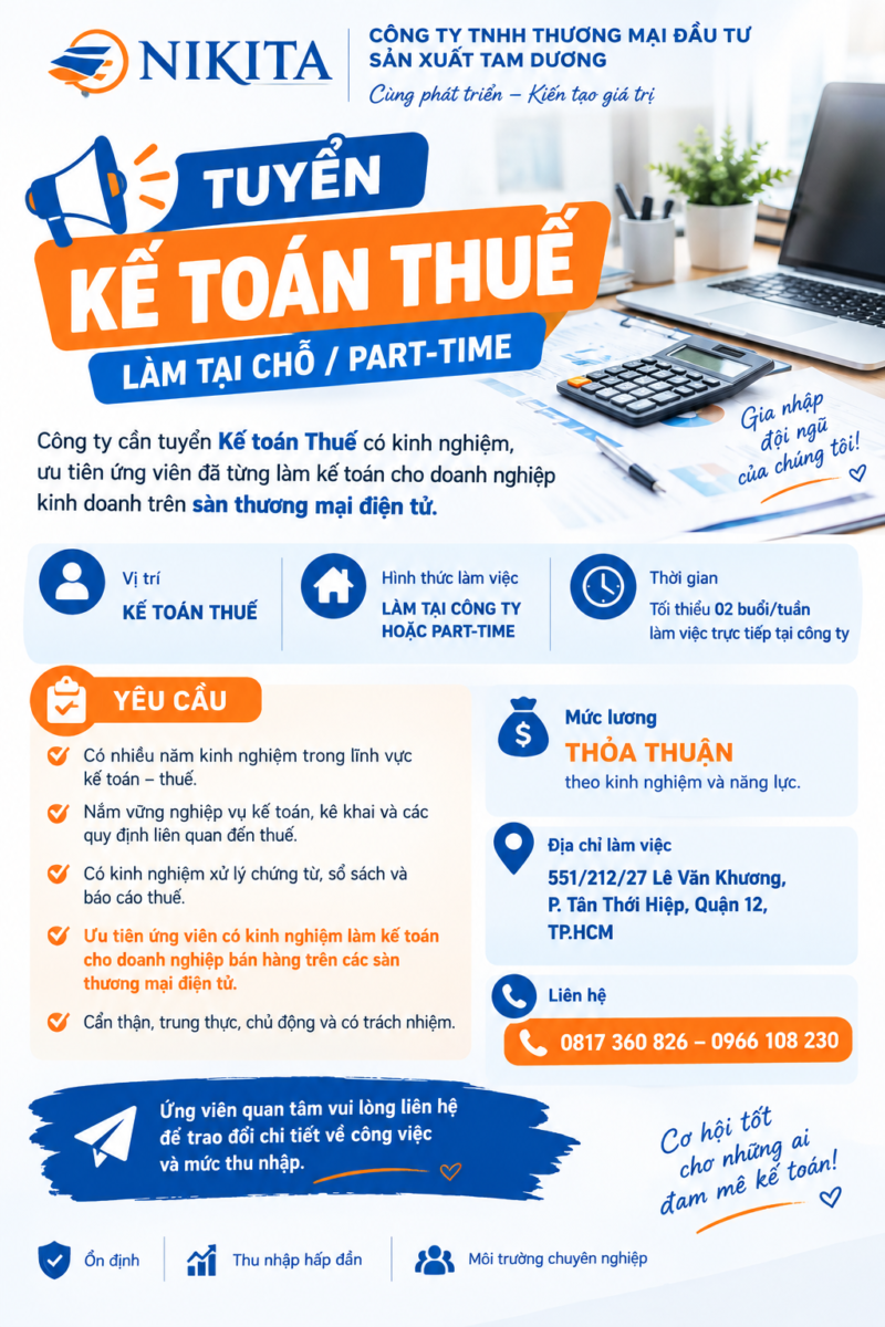 NIKITA tuyển dụng nhân viên kế toán thuế